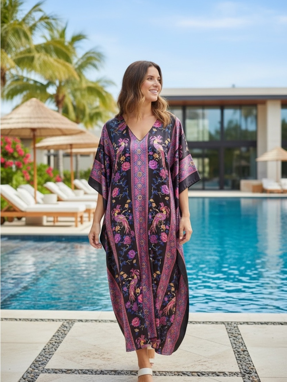 VTG Winlar Black Multi Colorful Floral Peacock Satin Kaftan Dress Size OS